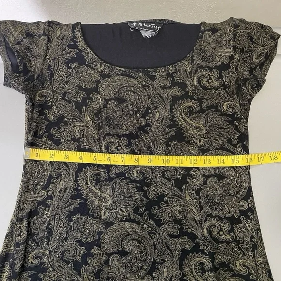 VTG All That Jazz Slinky Knit Black Gold Paisley Short Sleeve Shift Dress Size M - Picture 4 of 9